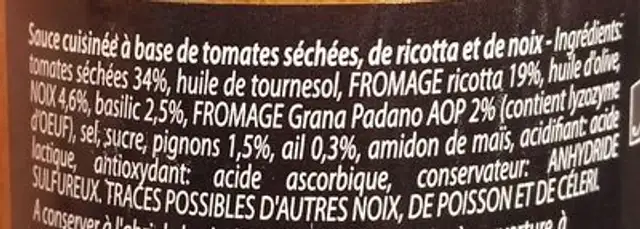 Pesto noix et ricotta ingredients label