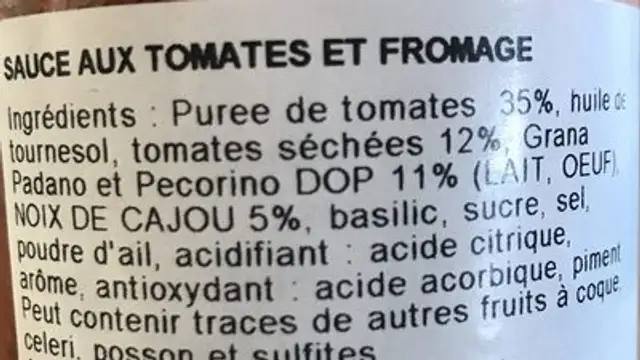 Pesto rosso ingredients label