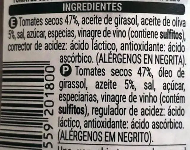 Tomate Seco ingredients label