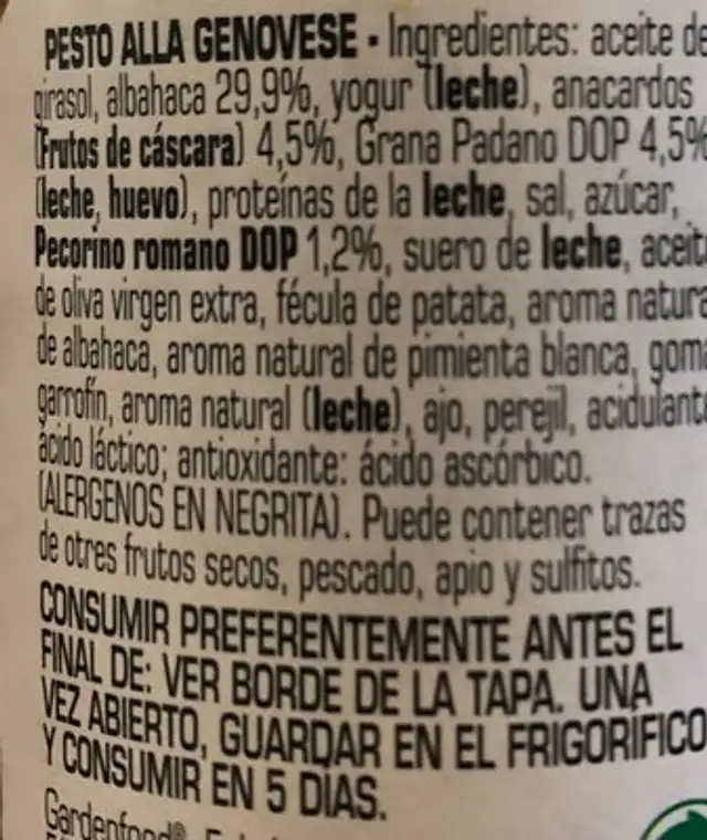 Pesto alla genovese ingredients label