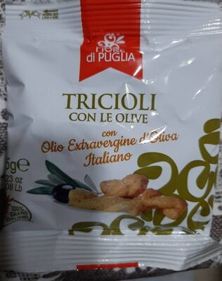 Triciole con le olive con Olio Extravergine d'oliva italiano front packaging