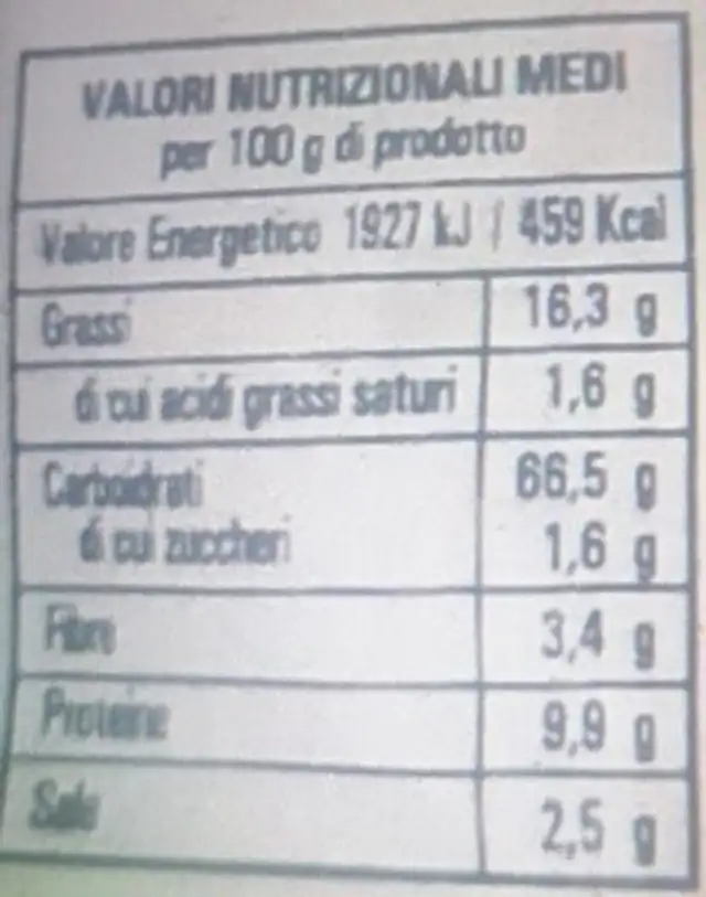 Taralli nutrition facts table