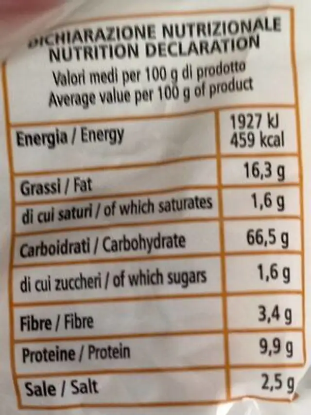 Taralli gusto classico nutrition facts table