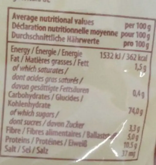 Fusilli nutrition facts table