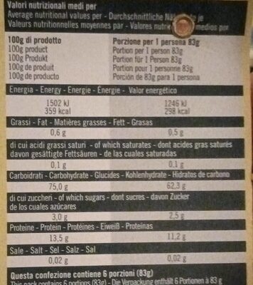I cavatelli nutrition facts table