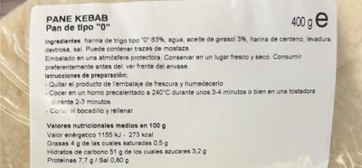 Pane Arabo nutrition facts table