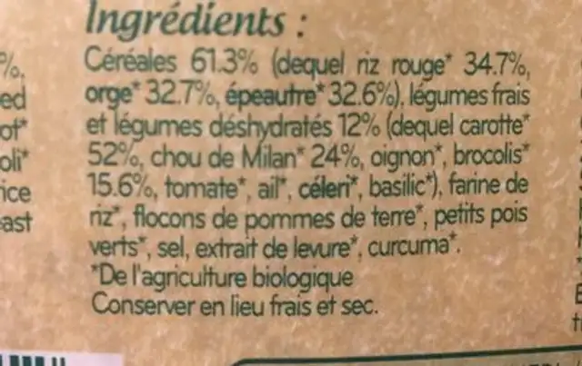 Zuppa riso rosso e verdure ingredients label