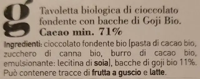 Cioccolato fondente con bacche di goji 71% ingredients label