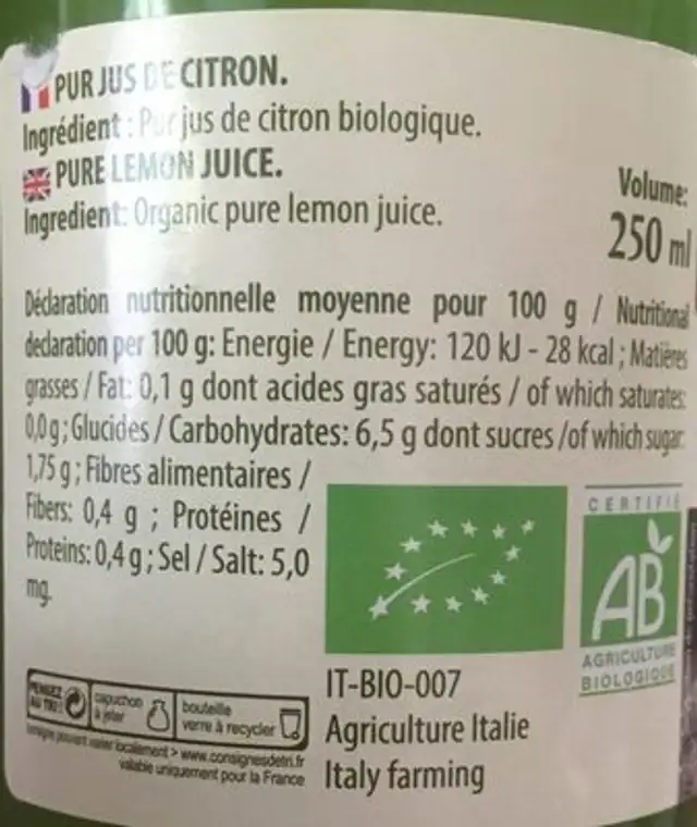 Pur jus de citron nutrition facts table