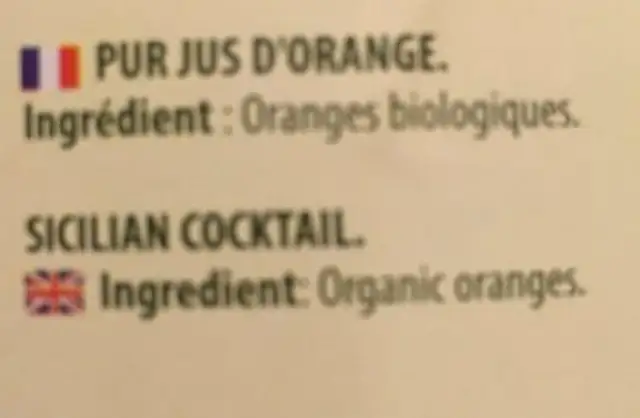 Jus D'orange ingredients label