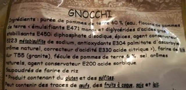 Gnocchi ingredients label