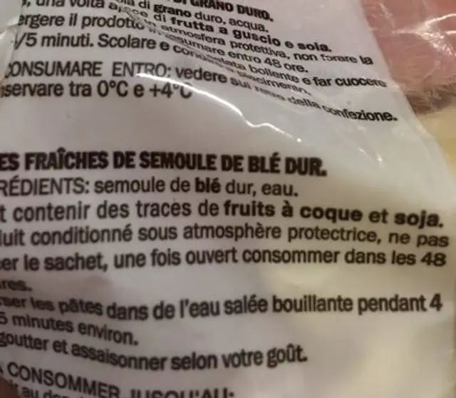Pates fraiches orecchiette ingredients label