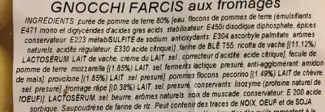 Gnocchi ingredients label