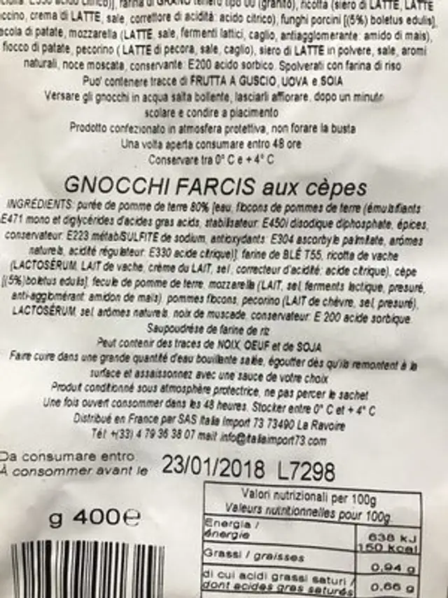 Gnocchi ripieni ingredients label