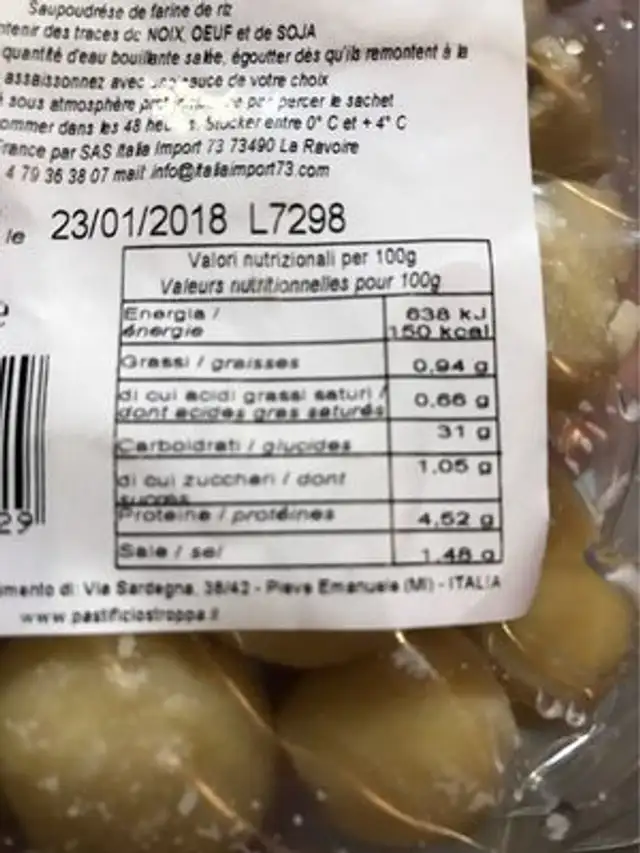Gnocchi ripieni nutrition facts table