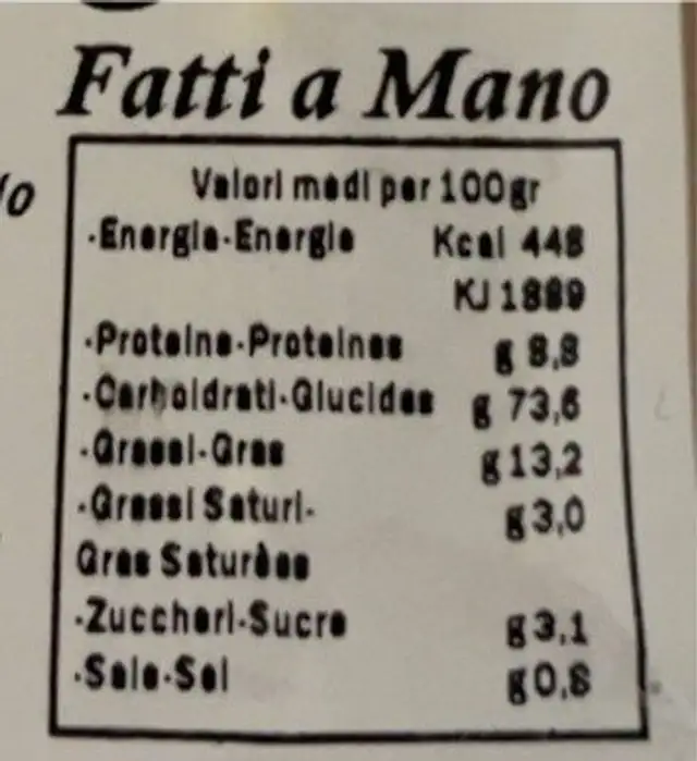 Taralli lunghi nutrition facts table