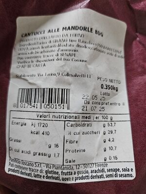 Cantuccini alla mandorla nutrition facts table