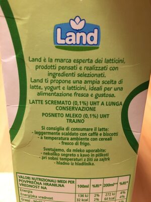 Land Latte scremato UHT ingredients label