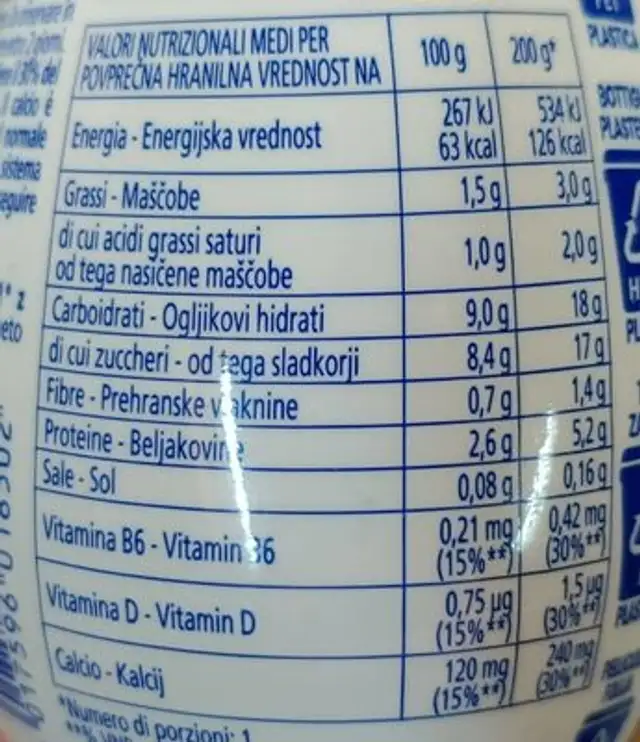 Yogurt da bere parzialmente scremato nutrition facts table