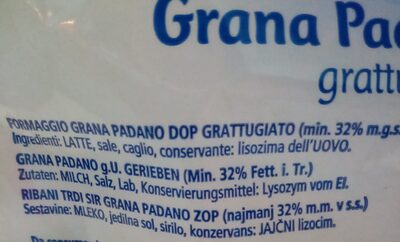 Grana Padano Grattugiato ingredients label