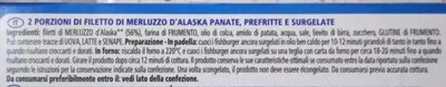 Fishburger di filetto di merluzzo ingredients label