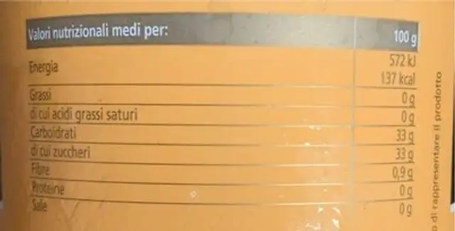 Sorbetto di Mango e Frutto della Passione nutrition facts table