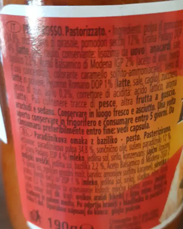 Pesto rosso ingredients label