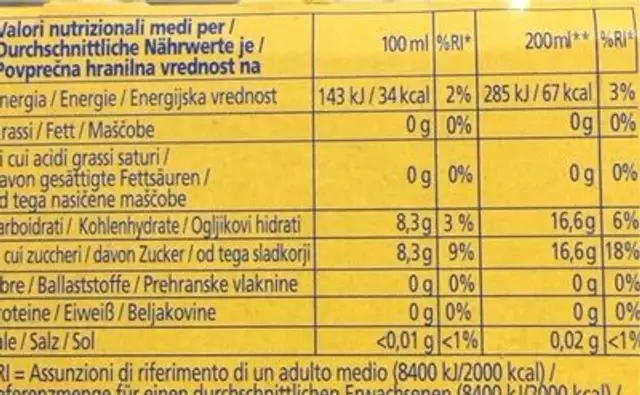 Te limone nutrition facts table