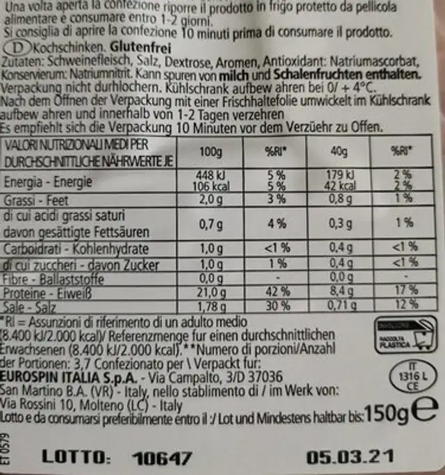 Prosciutto cotto nutrition facts table