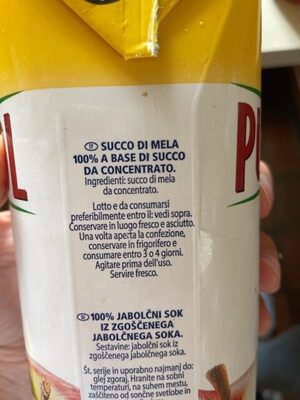 Succo Mela 100& ingredients label