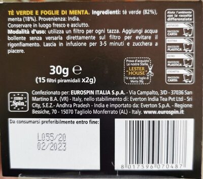 Tè verde e foglie di menta nutrition facts table