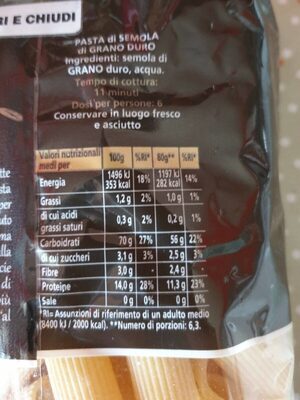 Rigatoni pasta di Gragnano IGP nutrition facts table