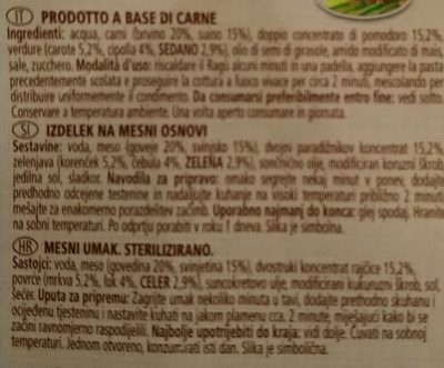 Ragù ingredients label