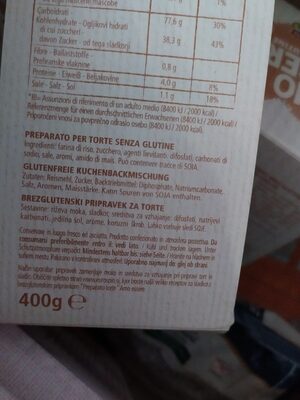 Amo essere senza glutine , preparato per dolci ingredients label