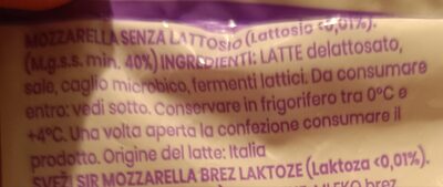Mozzarella Senza Lattosio ingredients label