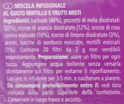Infuso mirtilli e frutti misti ingredients label