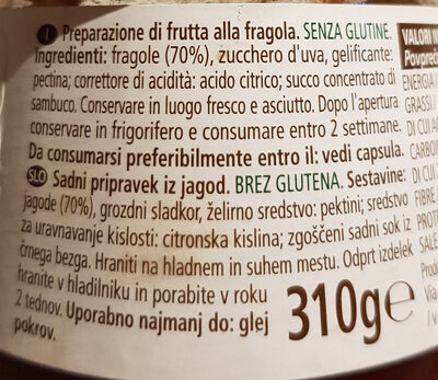 Marmellata 70% di frutta alla fragola ingredients label