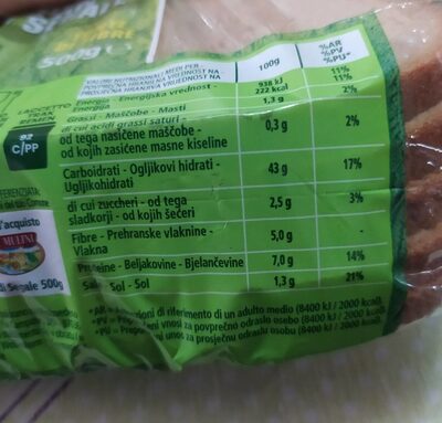 Pane di segale nutrition facts table