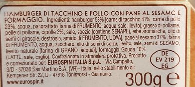 2 cheeseburger tacchino e pollo ingredients label