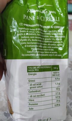 Preparato per pane ai cereali nutrition facts table