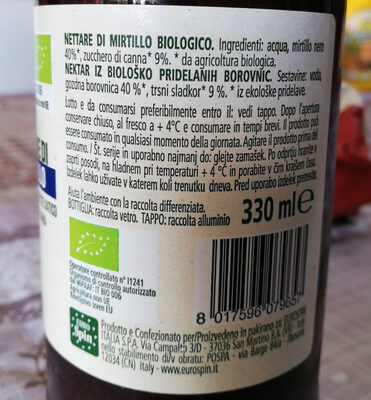 Nectar de Mirtille ingredients label