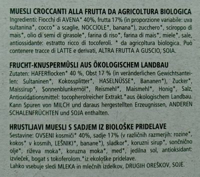 Muesli croccante alla frutta ingredients label