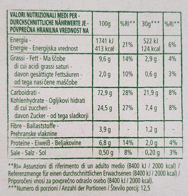 Muesli croccante alla frutta nutrition facts table