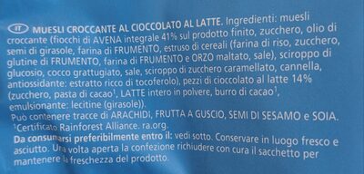 Muesli croccante al cioccolato al latte ingredients label