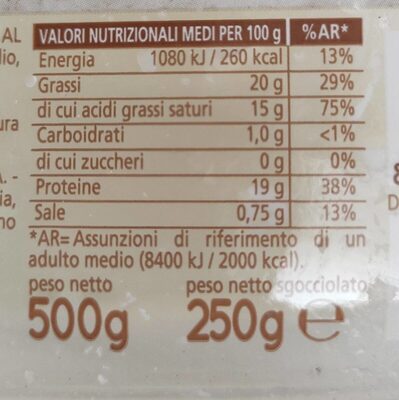 Provola affumicata al naturale nutrition facts table