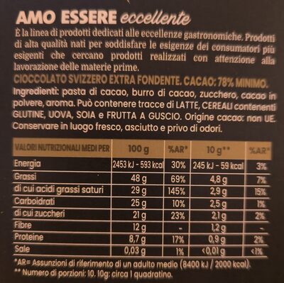 Cioccolato ingredients label