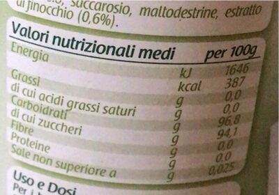 Biberfen al finocchio nutrition facts table