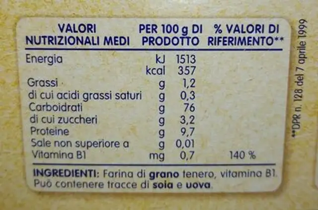 Pasta per l'infanzia (rigatoni) nutrition facts table