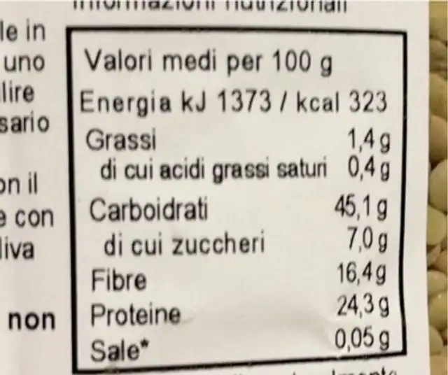 Lenticchia dell’Umbria nutrition facts table