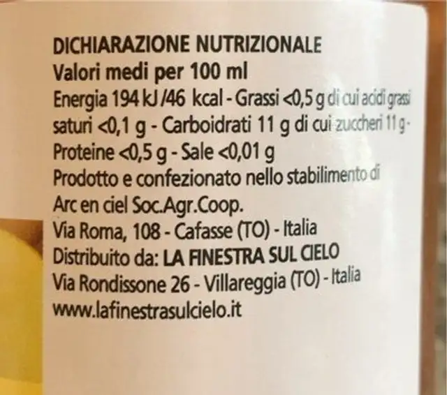 Succo di mela Semplice&Bio nutrition facts table